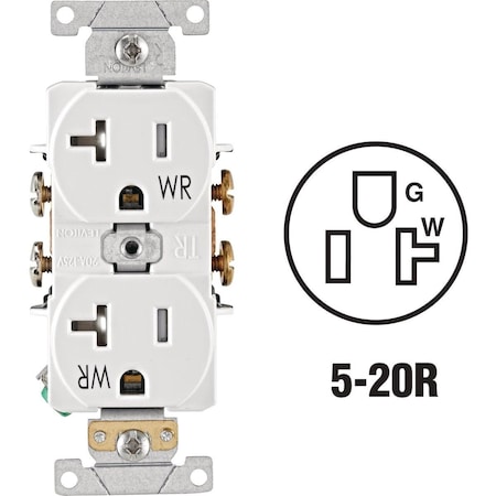 Leviton Straight Blade Receptacle, 5-20R, 20 A, 2 Pole, 3 Wire, Grounded R77-TWR20-00W